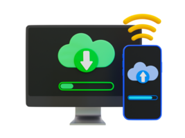 3d datos compartidos inalámbricos mínimos en línea. concepto de tecnologías inalámbricas. pc con pantalla de descarga y smartphone con pantalla de carga. ilustración 3d png