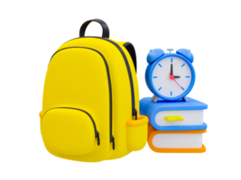 3D minimales Back-to-School-Konzept. Kollegen Elemente. Unterrichtskompositionen. Schultasche mit Wecker und einem Stapel Bücher. 3D-Darstellung. png