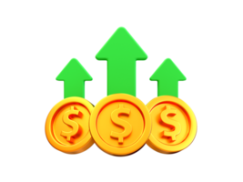 Conceito de crescimento financeiro mínimo 3D. taxas de câmbio mais altas. moedas com uma seta verde subindo. ilustração de renderização 3D. png