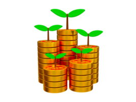 Conceito de crescimento financeiro mínimo 3D. o crescimento do negócio. uma pilha de moedas com uma pequena árvore crescendo. ilustração de renderização 3D. png