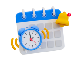 3d minimo tempo gestione concetto. programma notifica. incontro promemoria. calendario con un allarme orologio e campana icona. 3d illustrazione. png