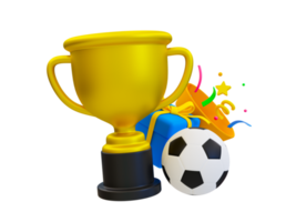 Copo de torneio de futebol mínimo 3d. prêmio de competição de futebol. vencedor do troféu de futebol. troféu com uma caixa de futebol e presente. ilustração de renderização 3D. png