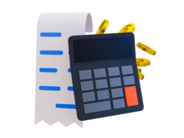 3d minimal shopping payment and checkout. online shopping concept. Bill with a calculator and a pile of coins. 3d rendering illustration. png