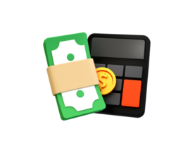 3d minimal money management concept. money loan concept. calculator with a bunch of cash. 3d illustration. png