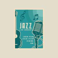 Diseño gráfico de plantilla de ilustración minimalista vintage de afiche vectorial de micrófono y guitarra acústica. invitación de pancarta del festival de jazz o inscripción música en vivo y lugar para texto en estilo retro vector