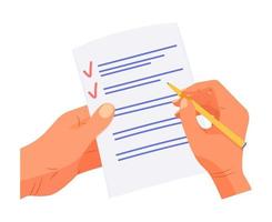 Checklist is completed by hand and pen. Document for testing. Filling out exam form vector