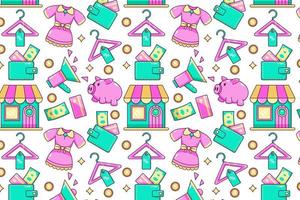 Shopping patterns. Jewelry, clothes, shoes, trucks, packages, piggy banks, wallets, and stores vector