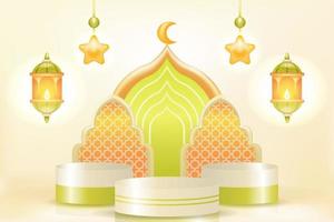 Soft and elegant Islamic podium with coconut tree, mosque, lamp and curtain ornaments. 3d realistic vector