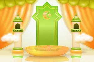 Soft and elegant Islamic podium with coconut tree, mosque, lamp and curtain ornaments. 3d realistic vector