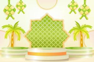 Soft and elegant Islamic podium with coconut tree, mosque, lamp and curtain ornaments. 3d realistic vector