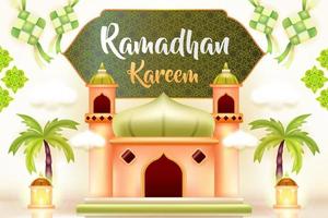 ramadán kareem. Ilustración 3d de una mezquita, una lámpara, un tambor, un podio y un hombre rezando vector