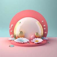 etapa rosa brillante 3d con huevos y flores para exhibición de productos del día de pascua foto