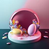 Shiny 3D Pink Stage with Eggs and Flowers for Easter Day Product Presentation photo