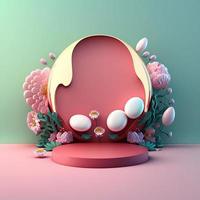 escenario rosa 3d brillante con huevos y flores para la presentación del producto de celebración de pascua foto