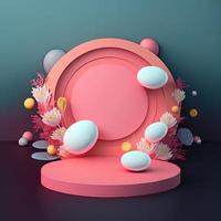 escenario rosa 3d brillante con adornos de huevos y flores para exhibición de productos de celebración de pascua foto