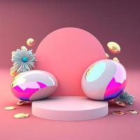 Shiny 3D Pink Podium with Eggs and Flowers for Easter Day Product Showcase photo