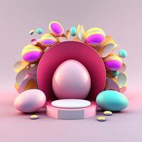 Glossy 3D Podium with Eggs and Flowers Ornament for Easter Day Product Showcase photo