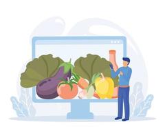 Grocery food delivery illustration set. Character buying online fresh organic vegetables and grocery items, putting in shopping basket or trolley and receiving delivery.flat vector modern illustration