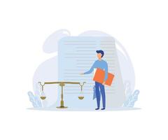 Law and justice illustration. Characters and lawyers signing contract, agreement or document. Public law consulting and legal advice concept.flat vector modern illustration