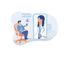 Online medicine service illustration . Patients meeting with doctors online, having consultation and receiving digital prescription. Telemedicine and healthcare concept.flat vector modern illustration