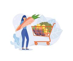 Grocery vegetables illustration. Character buying online and putting in shopping basket or cart fresh vegetables and grocery items. Grocery food and healthy eating concept. vector