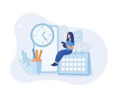 ilustración de planificación de horarios. personajes que administran tareas de trabajo y tiempo límite usando el calendario. concepto de gestión y organización del tiempo. ilustración vectorial plana vector