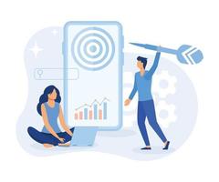 Characters discussing marketing and seo strategy. People analyzing market trends and planning seo optimization. Seo targeting and performance concept. flat vector illustration