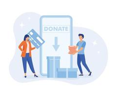 Characters donating money illustration. Volunteers putting coins in donation box and donating with credit card online. Financial support and fundraising concept. flat vector illustration