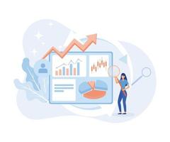 Characters discussing marketing and seo strategy. People analyzing market trends and planning seo optimization. Seo targeting and performance concept. flat vector illustration