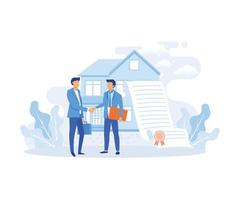 Mortgage process illustration. Characters buying property with mortgage, receiving bank approval, signing contact and legal documents. flat vector illustration