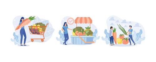 conjunto de ilustración de verduras de supermercado. personaje comprando en línea y poniendo en la cesta de la compra o en el carrito verduras frescas y artículos de abarrotes. comida de supermercado y concepto de alimentación saludable. vector