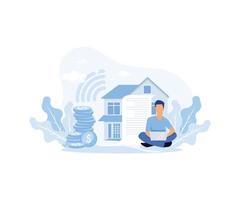 Sustainability illustration. Characters calculating and paying electricity, utilities and household invoice bills. Home finances management and sustainable housing concept. flat vector illustration