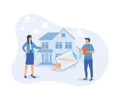 Mortgage process illustration . People buying property with mortgage. Characters getting bank approval, reading contact and legal documents and receiving house keys. flat vector illustration