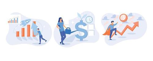 Finance growth illustration set. Characters analyzing investments, celebrating financial success and money growth. Money increasing concept. set  flat vector modern illustration