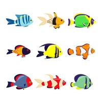Set of marine exotic fishes on a white background. Collection Aquarium vector fish isolates. Sea fish. Vector illustration
