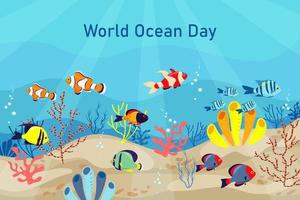 World ocean day vector banner flat style, exotic sea fish and corals. Underwater life.