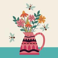 tarjeta de primavera, invitaciones, impresión, hola primavera. plantilla cuadrada con flores en un jarrón rosa y abejas, sobre una mesa verde. ilustración vectorial vector