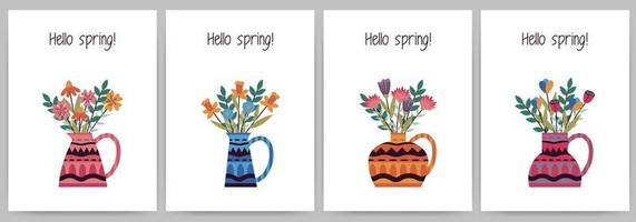 Set of postcards, invitations, hello spring. Rectangular templates with flowers in a vase and text. Vector illustration isolated on white background.