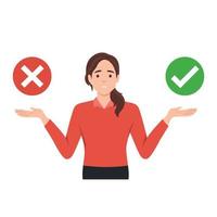 Concept illustration of Woman choose between right or left, yes or no, Business decisions, ethical dilemma, choose. Flat vector illustration isolated on white background