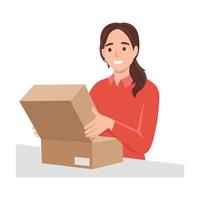 Woman Opening Cardboard Parcel Box at Home. Happy Customer Receiving, Unpacking and Checking Order. Package Delivery Service and Shipment Concept. Flat vector illustration isolated on white background