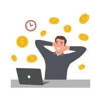 joven empresario feliz con computadora portátil obtener dinero. hombre de negocios de comercio de ingresos en línea. la persona alegre obtiene utilidades o ganancias pasivas. ilustración vectorial plana aislada sobre fondo blanco vector