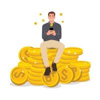 joven hombre de éxito sentado en un montón de monedas de dólar. mucho dinero y monedas. éxito financiero, riqueza monetaria. ilustración vectorial plana aislada sobre fondo blanco vector