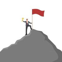 exitoso hombre de negocios sosteniendo una bandera y un trofeo en la cima del vector de montaña. símbolo de éxito, logro victoria. ilustración vectorial plana aislada sobre fondo blanco