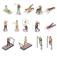 Old People Fitness Isometric Set vector