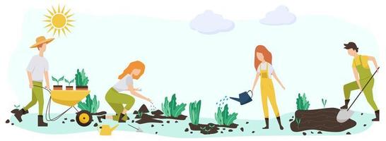 gente de jardinería primavera. mujeres de ilustración de concepto de vector plano, haciendo trabajo de jardín de hobby.concepto de jardinería de primavera