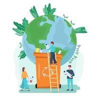 Ecology concept. People take care of planet ecology. Protect nature and ecology banner. Earth day. Globe with trees, plants and volunteer people. vector