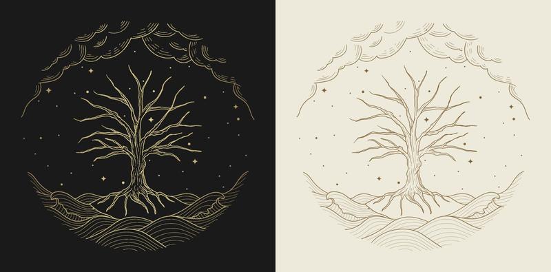 Tree of life golden vintage art illustration