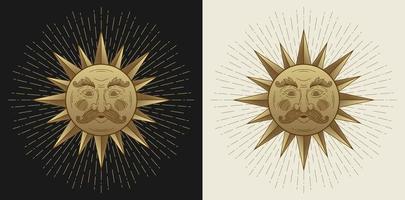 Masculine sun face golden vintage art illustration vector