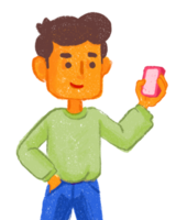 ilustración de dibujos animados de selfie de niño. hombre sosteniendo el personaje del teléfono png