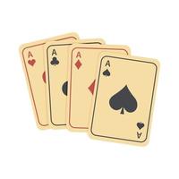 Playing cards with fan. Aces of all suits. Poker combination of four aces. Diamonds, Hearts, Clubs, Spades. Equipment for casino. Lucky combination in gambling. Vector illustration white background